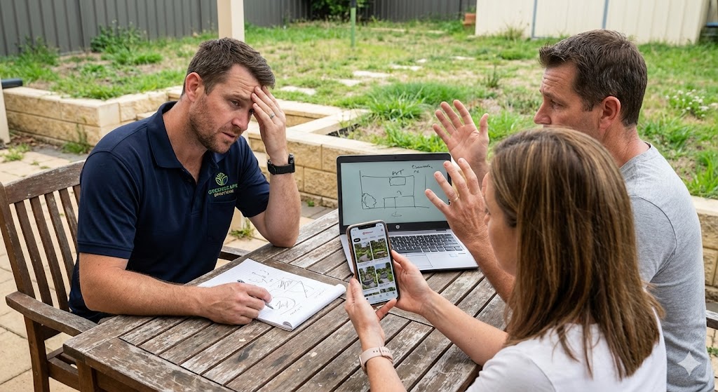 Professional landscaping contractor frustrated at outdoor patio table meeting with homeowner couple gesturing vaguely and showing Pinterest on phone