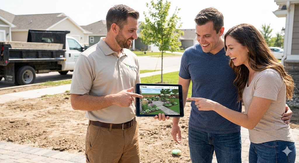 Professional contractor holding tablet showing Yarda-generated design to happy homeowner couple in front yard, everyone smiling and pointing at screen with work truck visible in background
