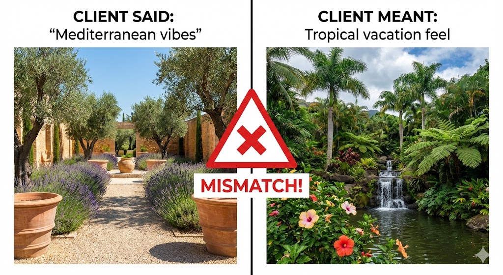 Split comparison showing Mediterranean landscape with olive trees and lavender labeled client said Mediterranean vibes versus tropical paradise with palm trees labeled client meant tropical vacation feel with large red mismatch warning