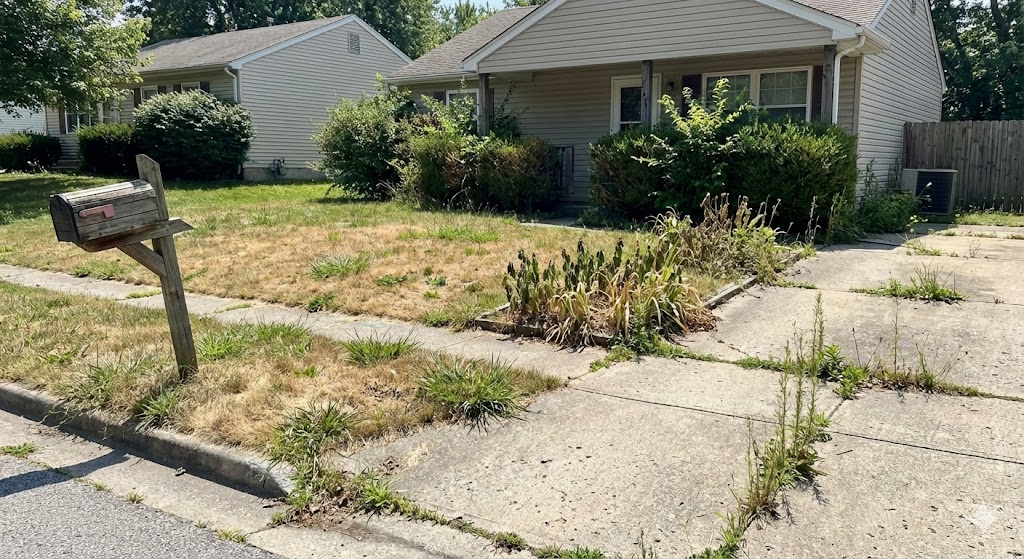 Embarrassingly neglected residential front yard with dead brown patches, overgrown bushes, weeds, and wilting plants showing homeowner frustration