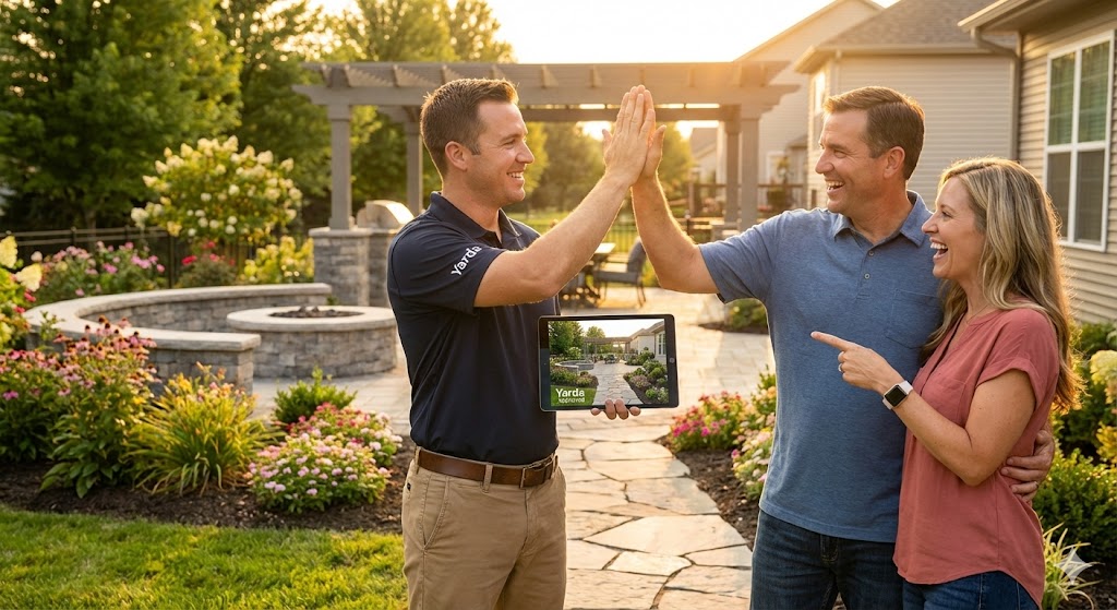 Contractor and homeowners standing in front of finished beautiful yard shaking hands and celebrating with big smiles, gorgeous landscape matching Yarda design visible behind them in golden hour lighting