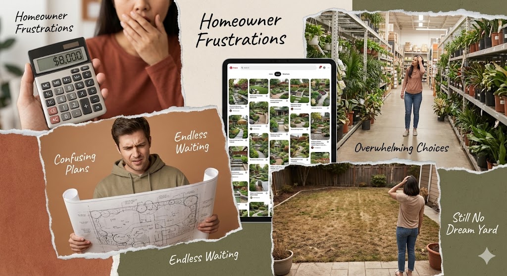 Collage showing common homeowner frustrations - shocked at calculator showing $8000, confused looking at CAD drawings, overwhelmed at Home Depot, and sighing at ugly yard
