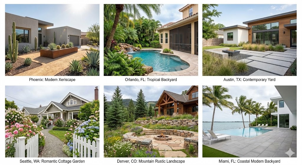 Gallery grid of 6 diverse successful yard transformations - Phoenix desert xeriscape, Orlando tropical, Austin contemporary, Seattle cottage garden, Denver mountain rustic, Miami coastal