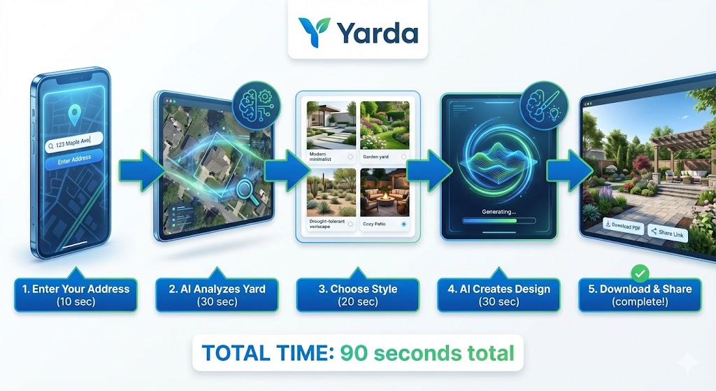 Step-by-step process flow showing how Yarda works - enter address, AI analyzes yard, choose style, AI creates design, download and share - total 90 seconds
